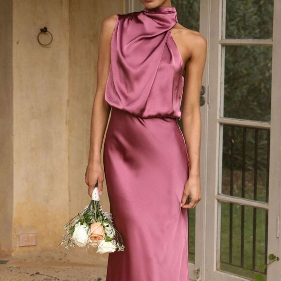 Asymmetrical Ruched Sleeveless Midi Dress | Formal Solid Twisted Dress - Picture 1 of 9